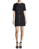 Short-Sleeve Metal-Stud Shift Dress, Black