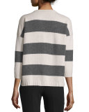 Cashmere Rugby-Stripe Crewneck Cardigan, Charcoal
