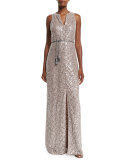 Sleeveless Sequined Lace Column Gown 