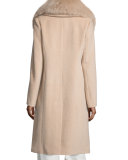 Long Fox-Trim Wool-Blend Peacoat, Dusty Rose
