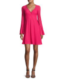 Long-Sleeve Mesh Fit-and-Flare Dress, Pink