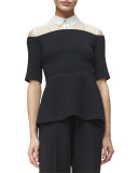 Half-Sleeve Organza-Inset Peplum Top, Black/Ivory