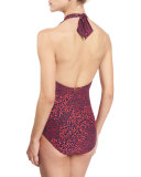 Lantana Twist-Front Printed Halter One-Piece Swimsuit