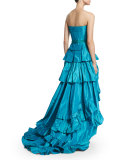 Strapless Tiered-Ruffle High-Low Gown, Aqua