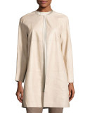 Nancy Long Open-Front Lambskin Leather Jacket, Taupe