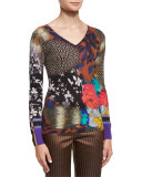 Floral Airbrush-Stamp V-Neck Sweater, Multi