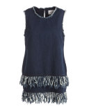 Sleeveless Frayed-Hem Tunic, Mid Blue