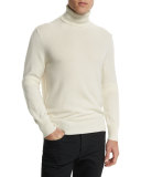 Classic Flat-Knit Cashmere Turtleneck Sweater, Ivory