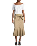 Belted Flounce Midi Skirt, Tan
