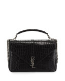 Monogram College Large Crocodile-Embossed Shoulder Bag, Black