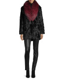 Gautam Fur Coat w/Fox Fur Collar, Black/Red