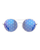 Round Mirrored Logo-Print Sunglasses, Light Gold/Blue