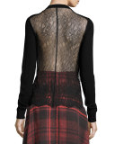 Mixed-Media Crewneck Top, Black/Gray Melange
