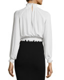 Hera Cropped Frill Silk Blouse, Ivory