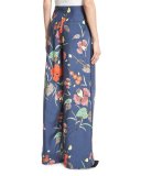 Floral-Print Wide-Leg Silk Toile Pants, Blue Multicolor