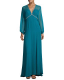 Beaded-Trim Slit-Sleeve V-Neck Gown, Emerald