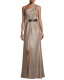 One-Shoulder Belted Metallic Gown 