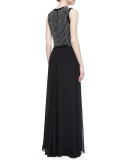 Embroidered-Bodice Chiffon Gown, Black/White