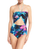 Tropical-Print Cutout Halter One-Piece Swimsuit