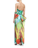 Strapless Abstract Floral-Print Column Dress W/ Bow Back 