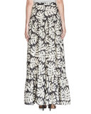 Palm-Print Pleated Maxi Skirt, White/Black