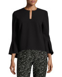 Flutter-Sleeve Metal-Trim Blouse, Black