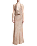 Beaded Deep-V Halter Gown, Pink Metallic