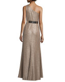 One-Shoulder Belted Metallic Gown 