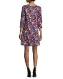 Printed 3/4-Sleeve A-Line Dress, Blue/Black/Multi