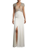 Sequined-Bodice Deep-V Gown, Illusion/Glass