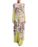 Kimono Floral-Print Button-Front Blouse, Yellow/Pink