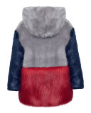 Hooded Colorblock Heart Faux-Fur Jacket, Gray/Red, Size 2-12