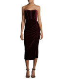 Plaza Strapless Velvet Midi Dress, Wine