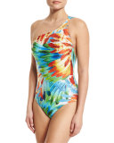 One-Shoulder Feather-Print Maillot One-Piece Swimsuit, Imperial