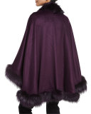 Cashmere Cape with Fox Fur Trim, Aubergine