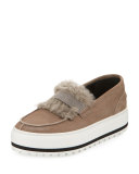 Fur-Trim Monili Platform Sneaker, Brown
