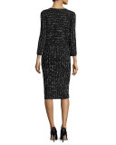 Speckled Tweed Sleeveless V-Neck Dress, Black/Ivory