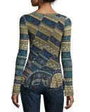 Long-Sleeve Striped Ruffled Tulle Top, Blue Pattern