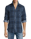 Weston Plaid Long-Sleeve Wrinkled Shirt, Navy