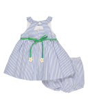 Sleeveless Striped Seersucker Dress w/ Bloomers, Blue, Size 3-24 Months