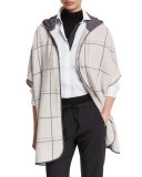 Windowpane-Check Hooded Zip Jacket, Grainy White