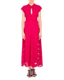 Pinstripe Cap-Sleeve Maxi Dress, Magenta/Blue