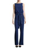 Sleeveless Belted Crepe Jumpsuit, Indigo