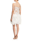 Cali Sleeveless Illusion Feather-Trim Dress, Ivory/Nude