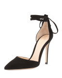Suede Pointed-Toe Ankle-Wrap Pump, Black