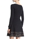 Long-Sleeve Floral-Hem Dress, Black