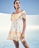 Angelique Off-the-Shoulder Tropical Lace Coverup Dress, White with Mango