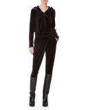 Zip-Front Hooded Velour Jacket, Aubergine