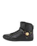 Leather High-Top Sneaker with Gold Medallion, Black