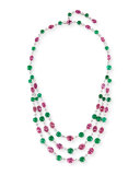 Three-Strand 18K White Gold Pink Topaz & Emerald Necklace with Diamonds